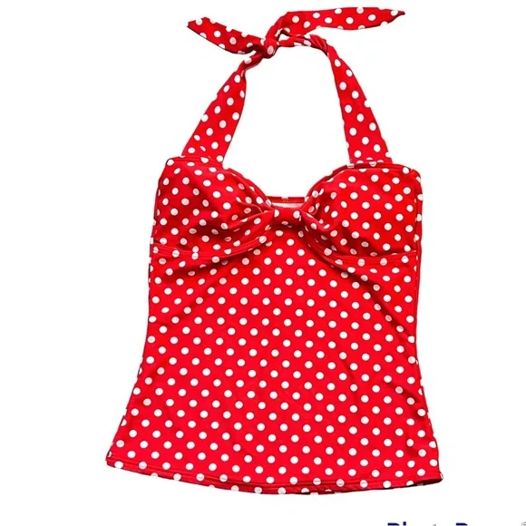 DownEast Basics Sausalito Halter Pinup Polka dot Tankini, red and white, size L - Picture 2 of 8